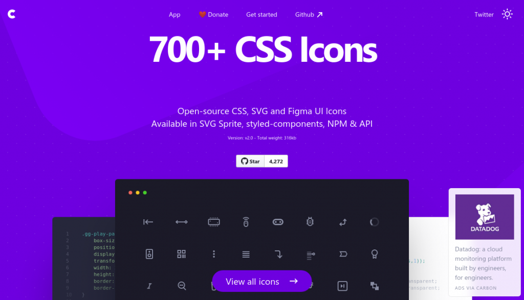 The css.gg homepage, displaying examples from their icons set, and the title '700+ CSS Icons' on a purple background